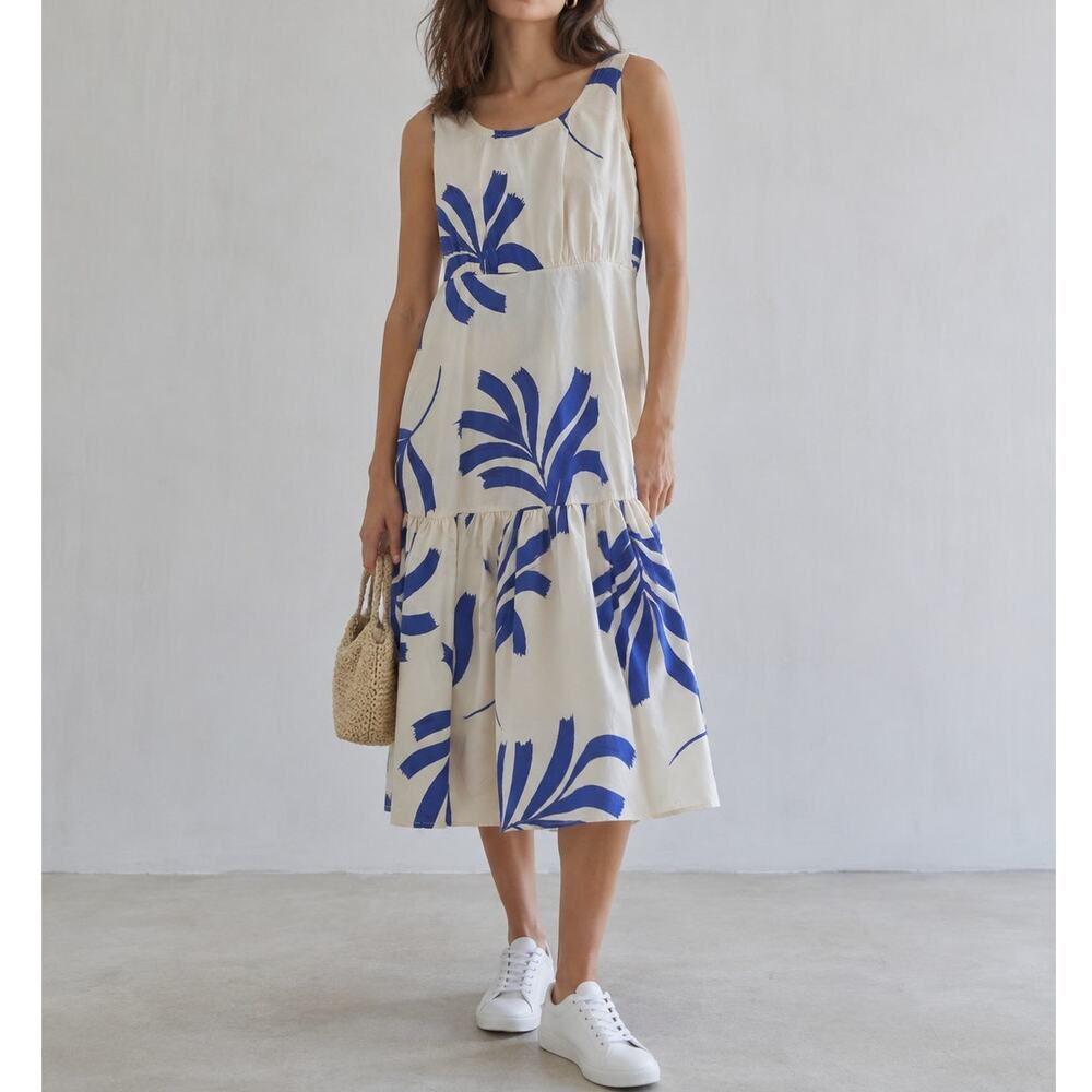 Willow Kate Cream/Blue Tiered Sleeveless Midi Dress, size S